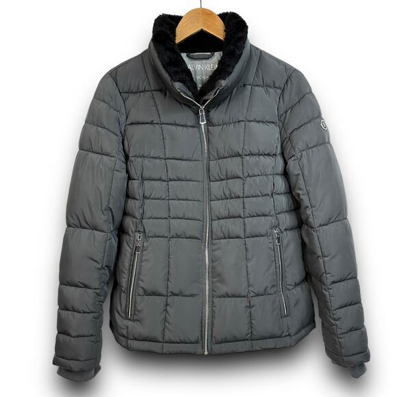 Womens Calvin Klein Repel 2 Degree Puffer Jacket Coat Faux Fur Collar Gray Small - Picture 1 of 10